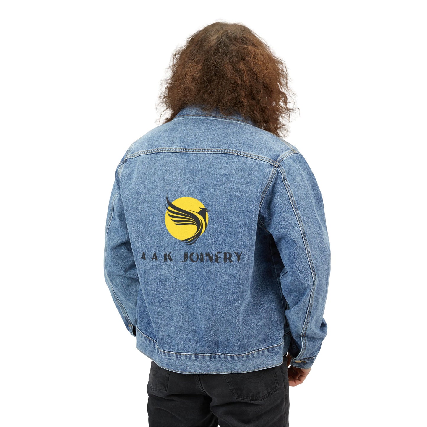 A A K JOINERY Stylish Men’s Denim Jacket – Unique Graphic Design, Trendy Casual Outerwear, Streetwear Essential